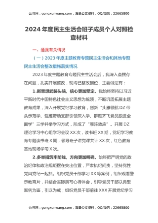 2024年度民主生活会班子成员个人对照检查材料（上年度主题教育整改措施落实情况+会前开展学习情况+四个带头+反面典型案例剖析）
