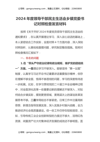 2024年度领导干部民主生活会乡镇党委书记对照检查发言材料