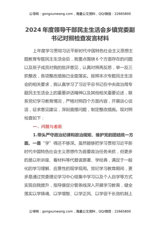 2024年度领导干部民主生活会乡镇党委副书记对照检查发言材料