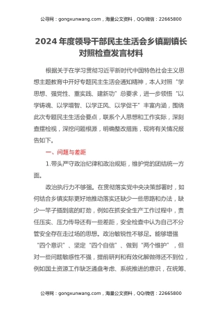 2024年度领导干部民主生活会乡镇副镇长对照检查发言材料