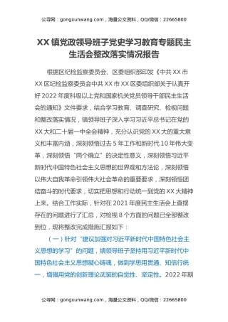 XX镇党政领导班子党史学习教育专题民主生活会整改落实情况报告