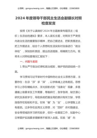 2024年度领导干部民主生活会副镇长对照检查发言