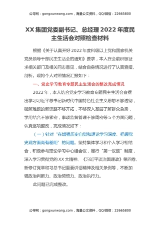 XX集团党委副书记、总经理2022年度民主生活会对照检查材料