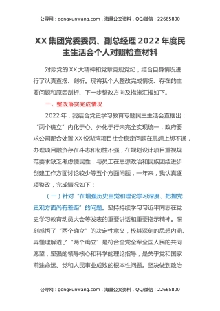 XX集团党委委员、副总经理2022年度民主生活会个人对照检查材料