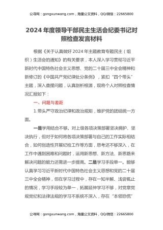 2024年度领导干部民主生活会纪委书记对照检查发言材料 (2)