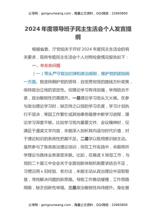 2024年度领导班子民主生活会个人发言提纲（四个带头）
