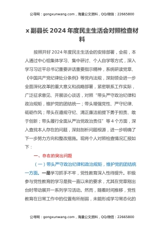 x副县长2024年度民主生活会对照检查材料（四个带头）