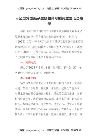 x区委常委班子主题教育专题民主生活会方案