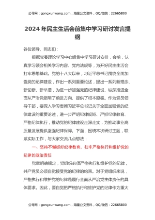 2024年民主生活会前集中学习研讨发言提纲