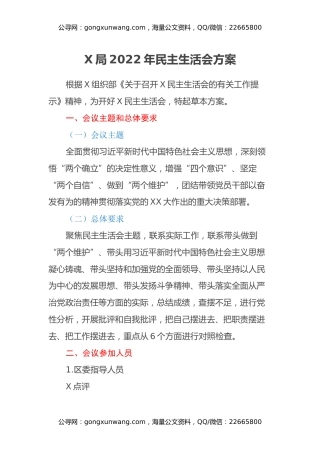 X局2022年民主生活会方案