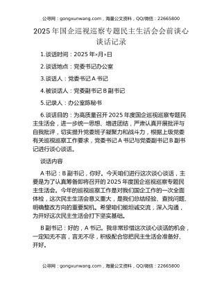 2025年国企巡视巡察专题民主生活会会前谈心谈话记录