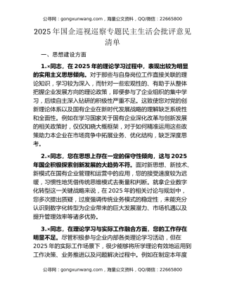2025年国企巡视巡察专题民主生活会批评意见清单