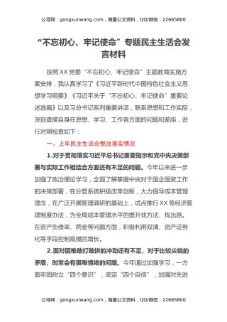 “不忘初心、牢记使命”专题民主生活会发言材料 (10)