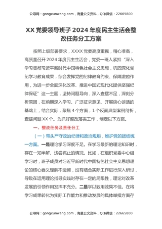 XX党委领导班子2024年度民主生活会整改任务分工方案