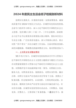 XX区局班子2024年度民主生活会班子检视剖析材料（上年度整改情况+四个带头+反面典型案例剖析）
