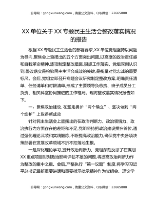 XX单位关于XX专题民主生活会整改落实情况的报告