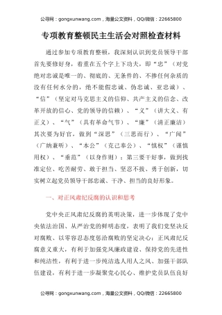 专项教育整顿民主生活会对照检查材料