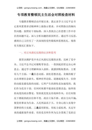 专项教育整顿民主生活会对照检查材料（2）