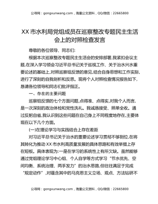 XX市水利局党组成员在巡察整改专题民主生活会上的对照检查发言