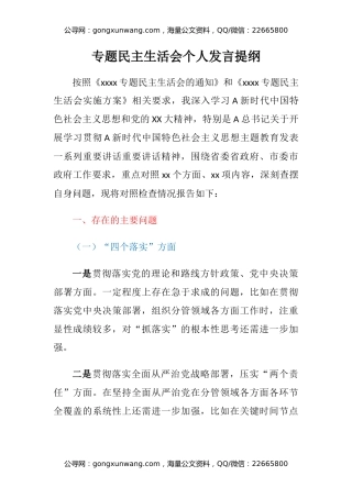 专题民主生活会个人发言提纲