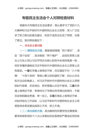 专题民主生活会个人对照检查材料