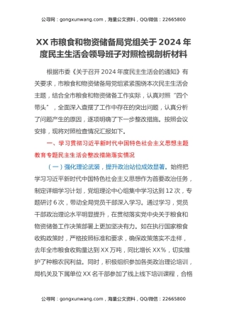 XX市粮食和物资储备局党组关于2024年度民主生活会领导班子对照检视剖析材料（主题教育整改措施落实情况+四个带头+违纪行为典型案例剖析反思）