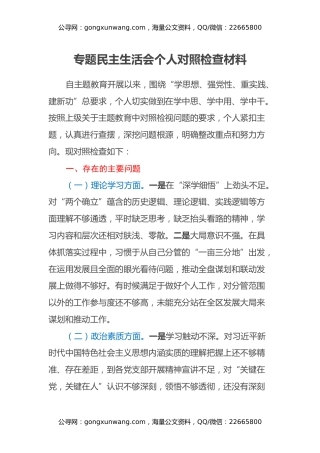 专题民主生活会个人对照检查材料（3）