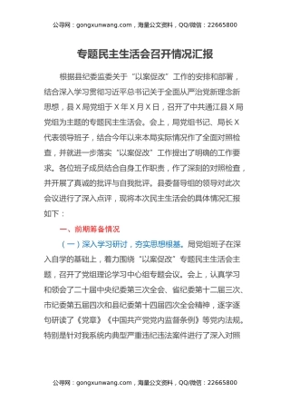 专题民主生活会召开情况汇报