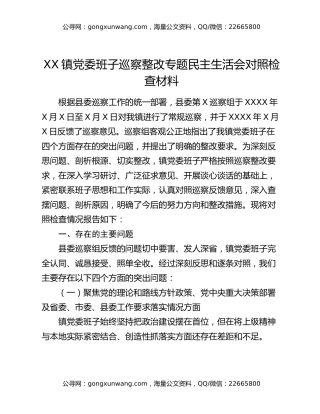 XX镇党委班子巡察整改专题民主生活会对照检查材料