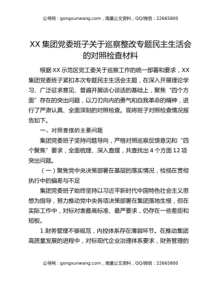 XX集团党委班子关于巡察整改专题民主生活会的对照检查材料
