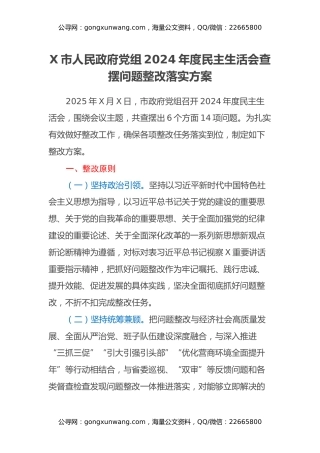 X市党组2024年度民主生活会查摆问题整改落实方案