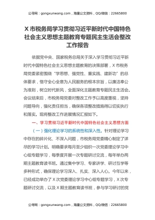 X市税务局学习贯彻习近平新时代中国特色社会主义思想主题教育专题民主生活会整改工作报告