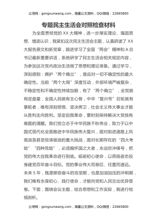 专题民主生活会对照检查材料1 (2)
