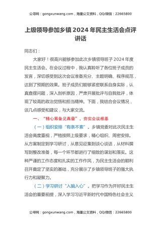 上级领导参加乡镇2024年民主生活会点评讲话