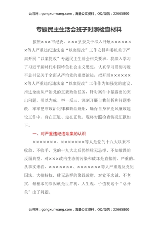 专题民主生活会班子对照检查材料 (2)