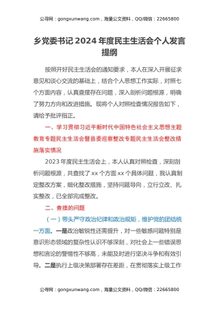 乡党委书记2024年度民主生活会个人发言提纲