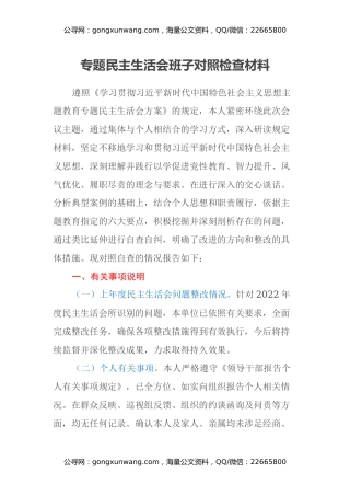 专题民主生活会班子对照检查材料（新六个方面）