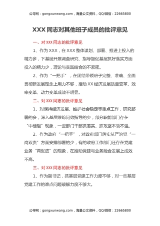 专题民主生活会班子成员相互批评意见