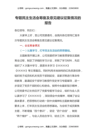 专题民主生活会筹备及意见建议征集情况的报告