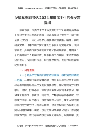 乡镇党委副书记2024年度民主生活会发言提纲（四个带头+典型案例剖析）
