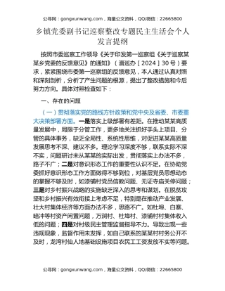 乡镇党委副书记巡察整改专题民主生活会个人发言提纲