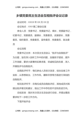 乡镇党委民主生活会互相批评会议记录