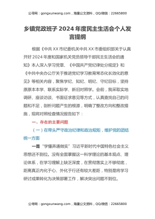 乡镇党政班子2024年度民主生活会 个人发言提纲 (2)