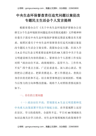 中央生态环保督查责任追究问题以案促改专题民主生活会个人发言提纲