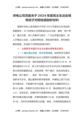 供电公司党委关于2024年度民主生活会领导班子对照检视剖析材料