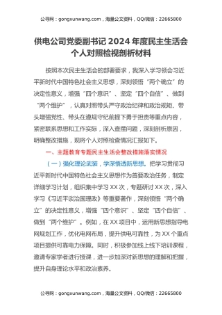 供电公司党委副书记2024年度民主生活会个人对照检视剖析材料（主题教育整改措施落实情况+四个带头+典型案例举一反三进行剖析）