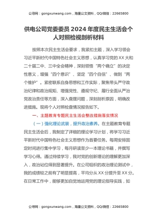 供电公司党委委员2024年度民主生活会个人对照检视剖析材料（主题教育整改措施落实情况+四个带头+典型案例剖析与反思）