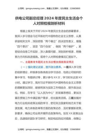 供电公司副总经理2024年度民主生活会个人对照检视剖析材料（主题教育整改措施落实情况+四个带头+典型案例举一反三进行剖析）