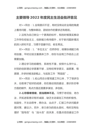 主要领导2022年度民主生活会批评意见