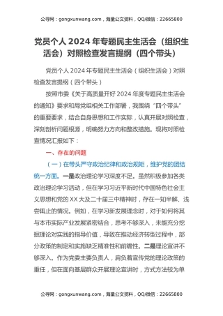 党员个人2024年专题民主生活会对照检查发言提纲（四个带头）